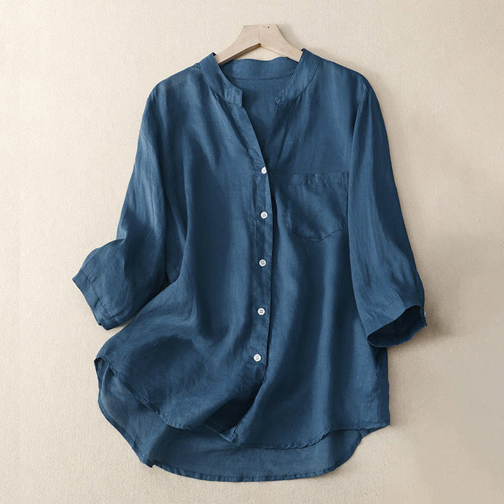 Camisa informal de algodón y viscosa con cuello en V y mangas tres cuartos para mujer de Buddha Stones - Azul acero - US8-10，UK/AU12-14，EU40-42 (2XL) - image 10