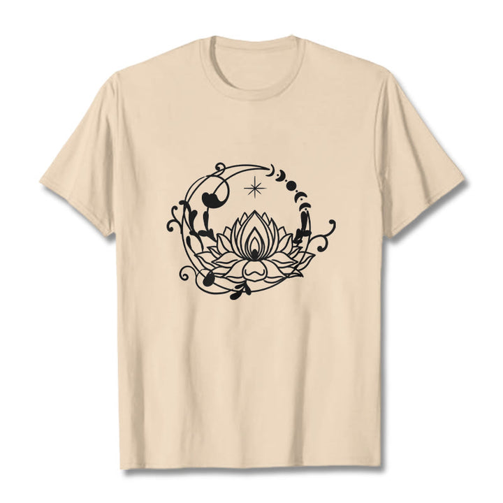 Camiseta de algodón con diseño simple de Buddha Stones, flor de loto, luna y enredaderas. - Sopa de mariscos - 2XL - image 9