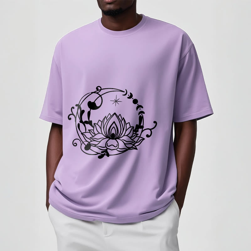 Camiseta de algodón con diseño simple de Buddha Stones, flor de loto, luna y enredaderas. - image 18