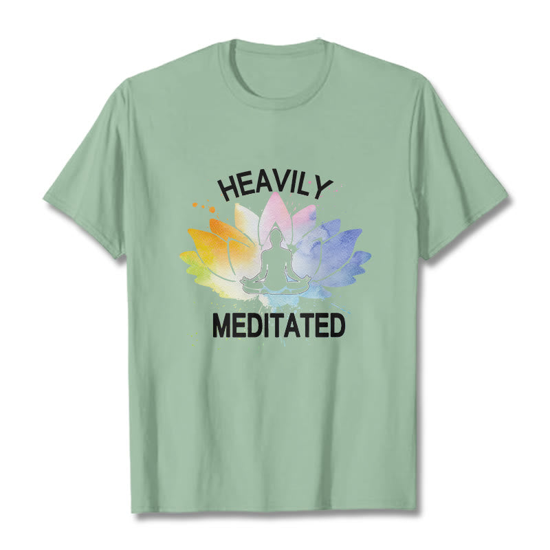 Camiseta de algodón con estampado de figura de meditación de flor de loto colorida y Buddha Stones - Verde pálido - 2XL - image 15