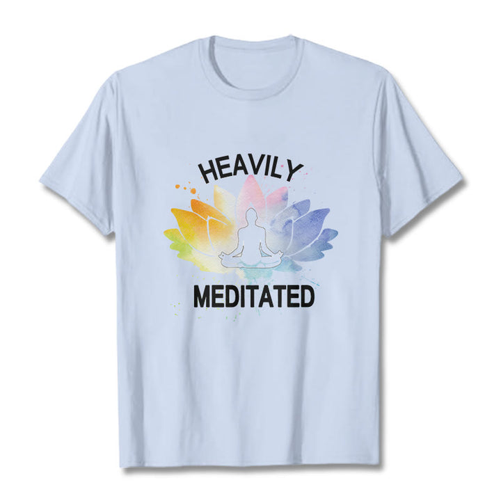 Camiseta de algodón con estampado de figura de meditación de flor de loto colorida y Buddha Stones - Cian claro - 2XL - image 19