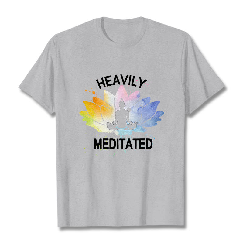 Camiseta de algodón con estampado de figura de meditación de flor de loto colorida y Buddha Stones - Gris claro - 2XL - image 20