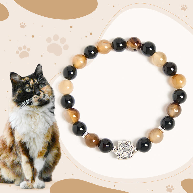 Pulsera Buddha Stones de plata de ley 925 con diseño de gato carey, ágata rayada marrón claro y ónix negro - Gato carey (circunferencia de muñeca 15-16 cm) - image 0