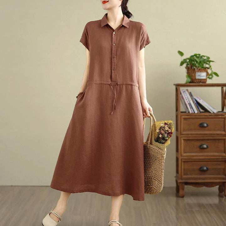 Vestido midi de lino y algodón con bolsillos y manga corta de verano con estampado de Buddha Stones - image 4