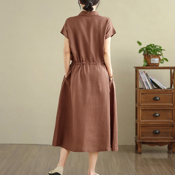 Vestido midi de lino y algodón con bolsillos y manga corta de verano con estampado de Buddha Stones - image 2