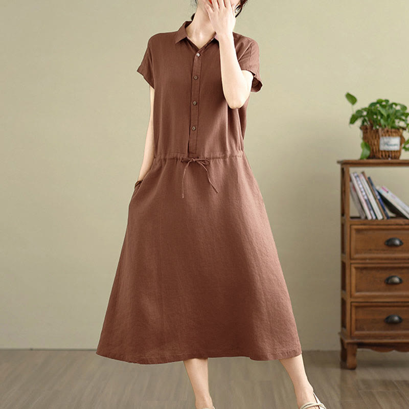 Vestido midi de lino y algodón con bolsillos y manga corta de verano con estampado de Buddha Stones - image 5