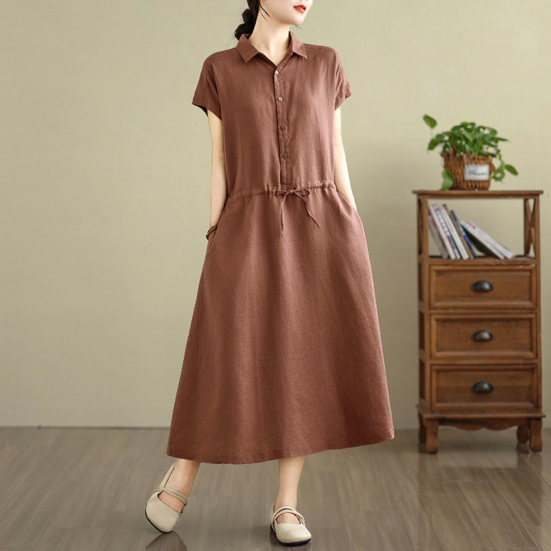 Vestido midi de lino y algodón con bolsillos y manga corta de verano con estampado de Buddha Stones - image 3