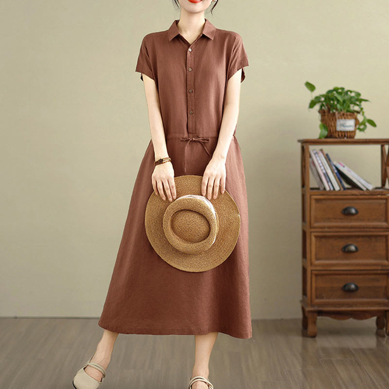 Vestido midi de lino y algodón con bolsillos y manga corta de verano con estampado de Buddha Stones - Tierra de siena - US8-10，UK/AU12-14，EU40-42 (2XL) - image 0