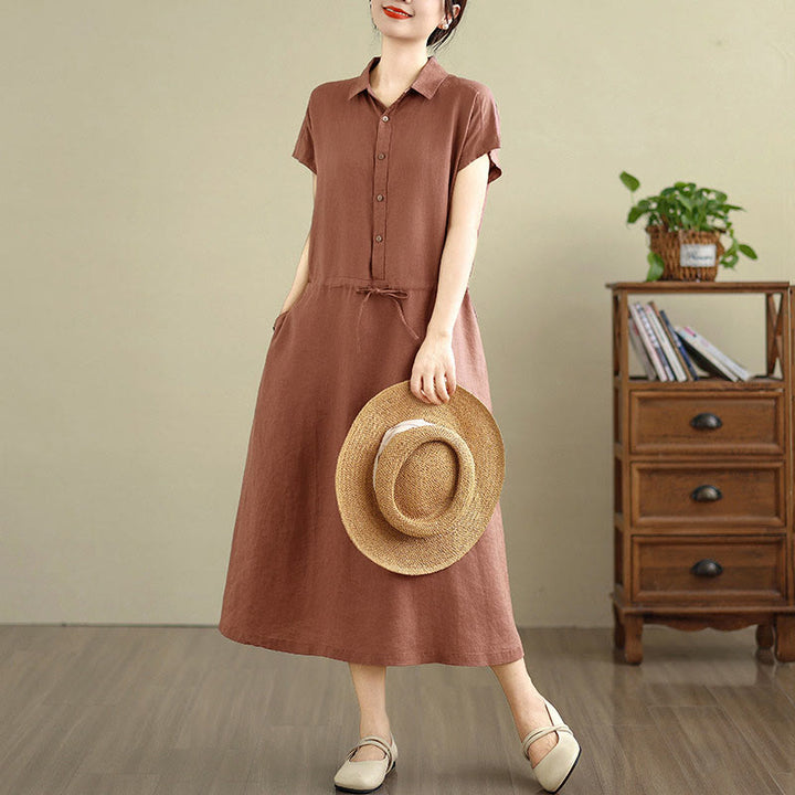 Vestido midi de lino y algodón con bolsillos y manga corta de verano con estampado de Buddha Stones - image 1