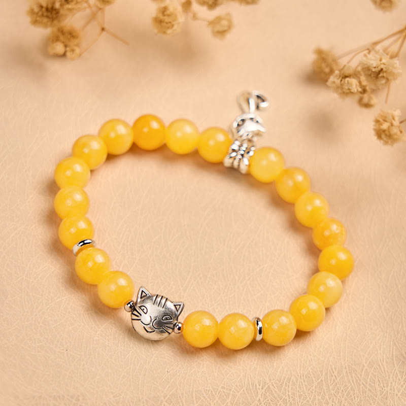 Pulsera de positividad de calcedonia amarilla con gato atigrado naranja y Buddha Stones - image 4
