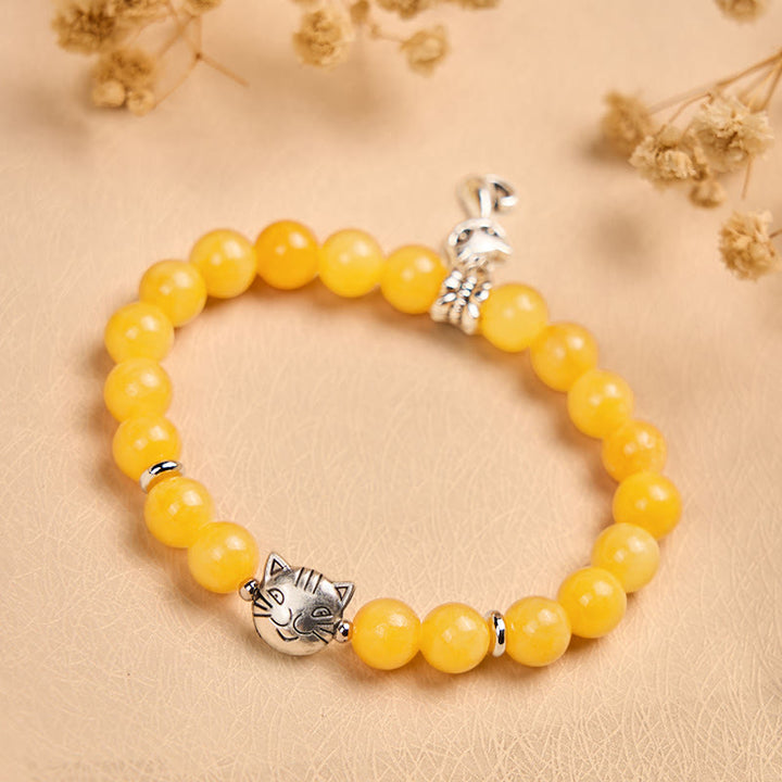 Pulsera de positividad de calcedonia amarilla con gato atigrado naranja y Buddha Stones - image 4