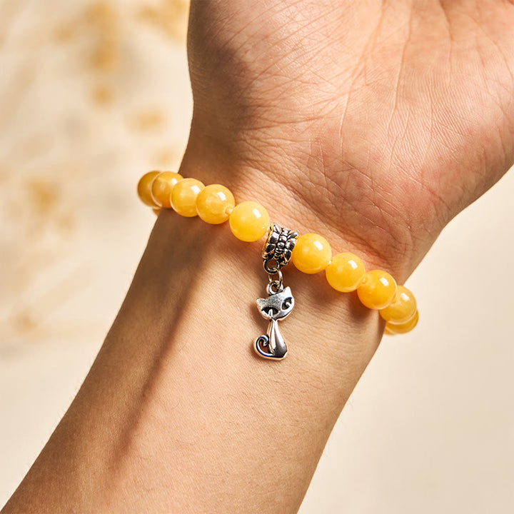 Pulsera de positividad de calcedonia amarilla con gato atigrado naranja y Buddha Stones - image 5