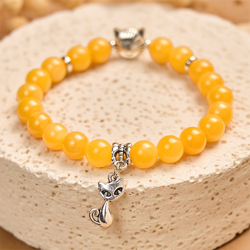 Pulsera de positividad de calcedonia amarilla con gato atigrado naranja y Buddha Stones - image 2