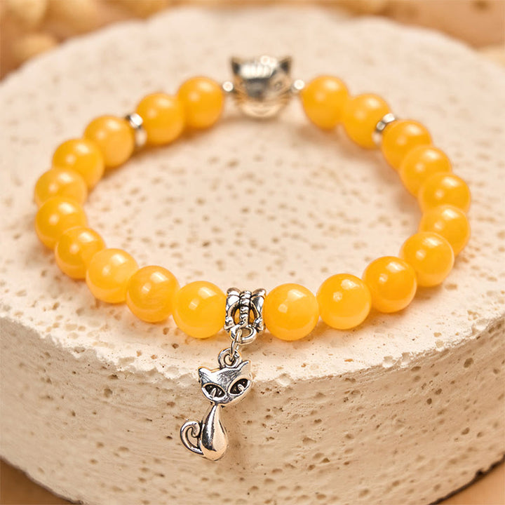 Pulsera de positividad de calcedonia amarilla con gato atigrado naranja y Buddha Stones - image 2