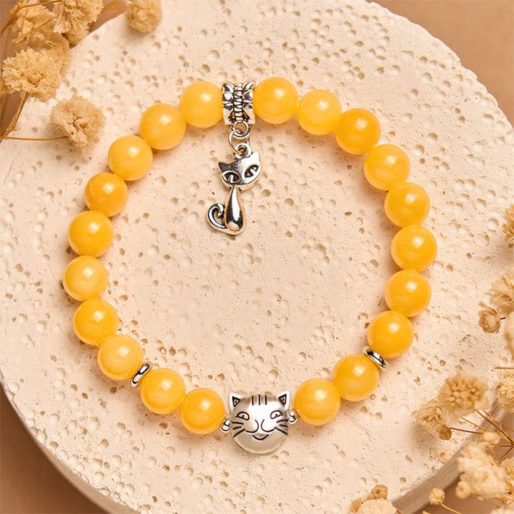 Pulsera de positividad de calcedonia amarilla con gato atigrado naranja y Buddha Stones - image 3