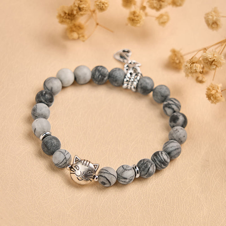 Pulsera de jaspe veteado negro natural con diseño de gato atigrado gris de Buddha Stones - image 4