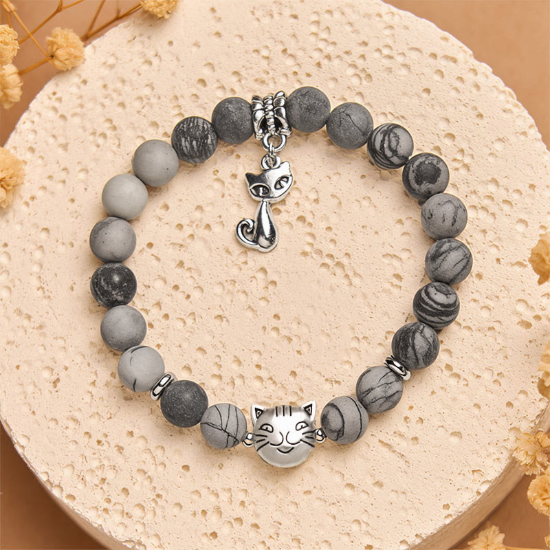 Pulsera de jaspe veteado negro natural con diseño de gato atigrado gris de Buddha Stones - image 2