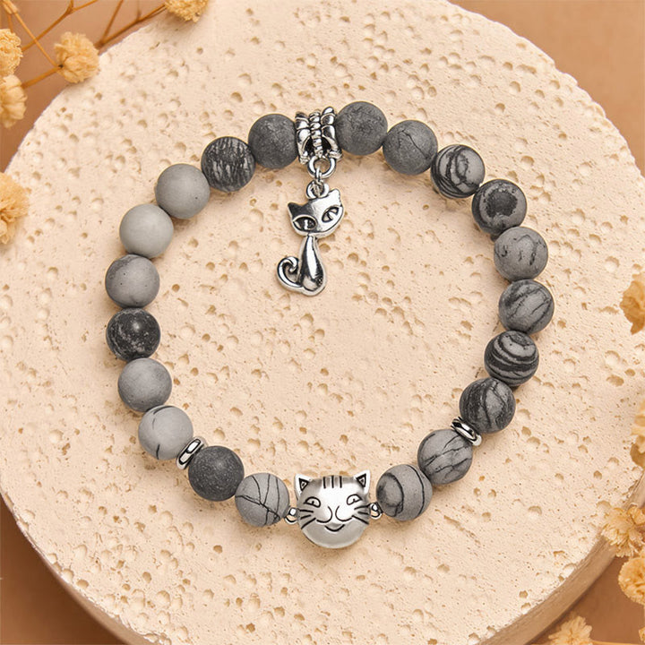 Pulsera de jaspe veteado negro natural con diseño de gato atigrado gris de Buddha Stones - image 2