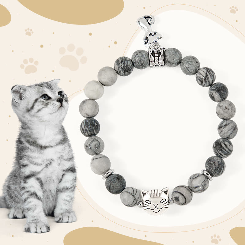 Pulsera de jaspe veteado negro natural con diseño de gato atigrado gris de Buddha Stones - Gato atigrado gris (circunferencia de muñeca: 15-16 cm) - image 1