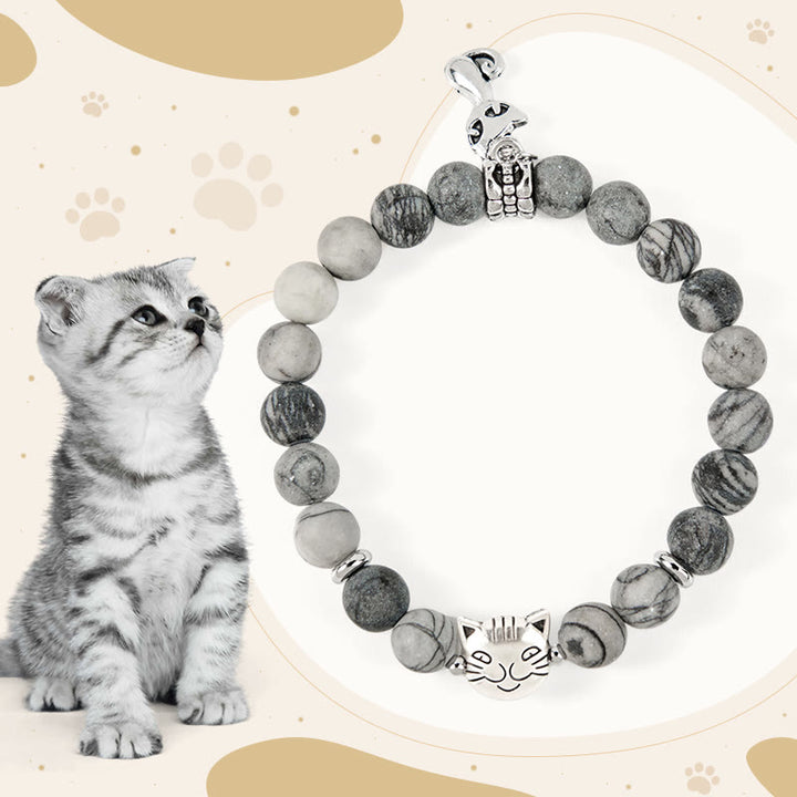 Pulsera de jaspe veteado negro natural con diseño de gato atigrado gris de Buddha Stones - Gato atigrado gris (circunferencia de muñeca: 15-16 cm) - image 1
