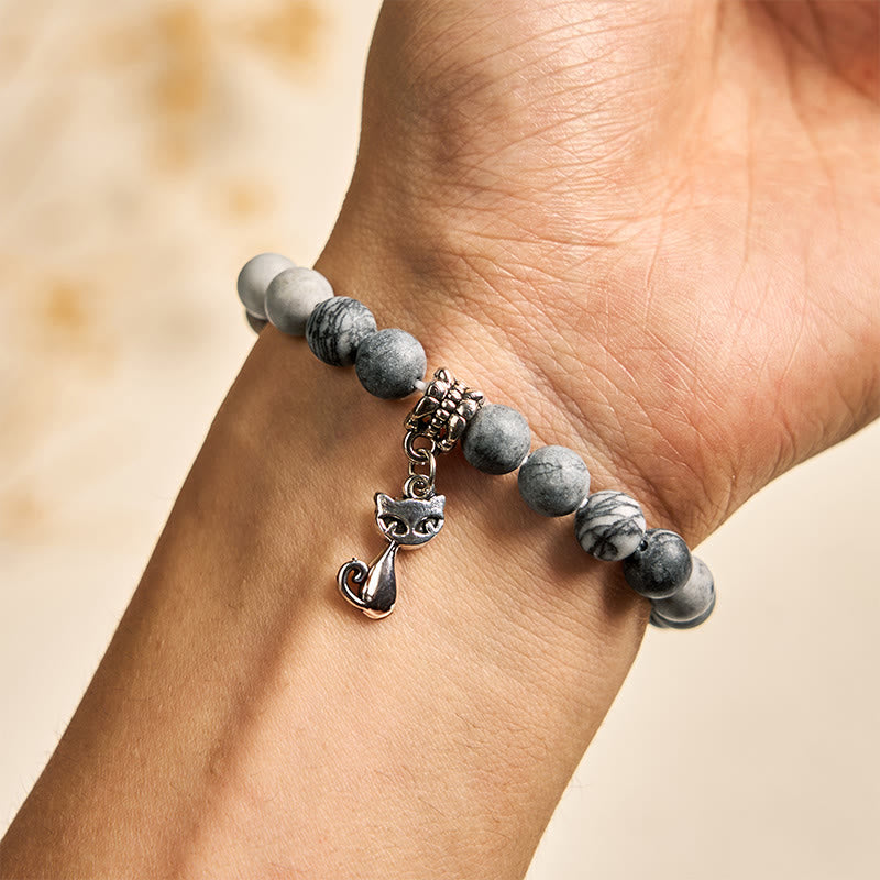 Pulsera de jaspe veteado negro natural con diseño de gato atigrado gris de Buddha Stones - image 5