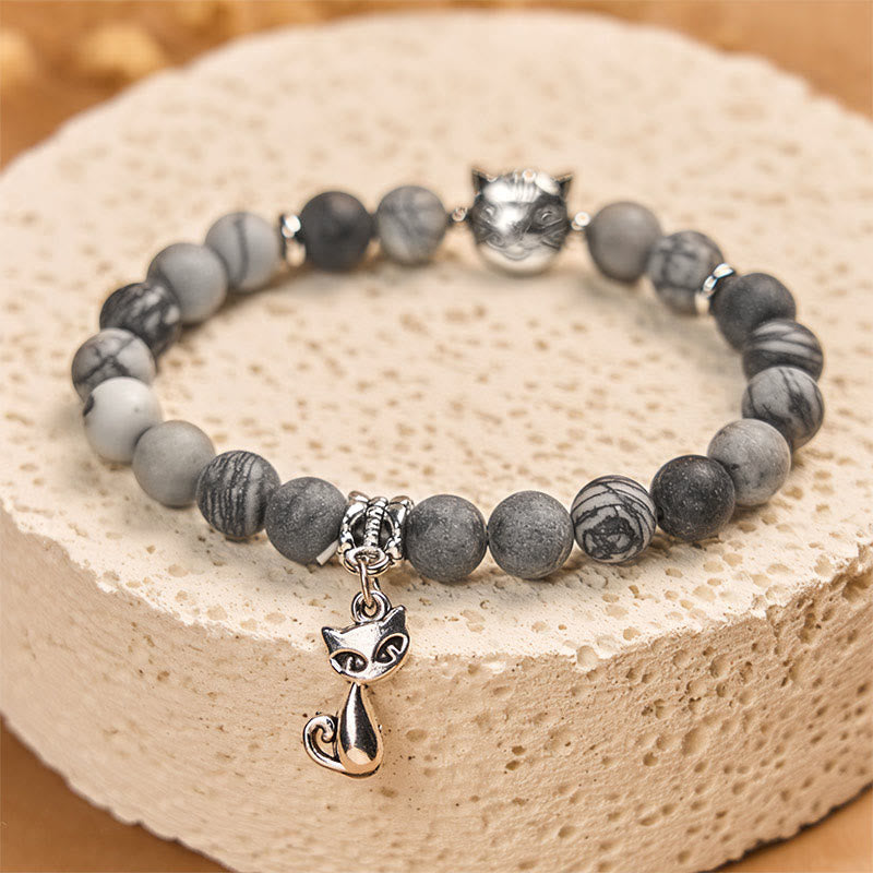 Pulsera de jaspe veteado negro natural con diseño de gato atigrado gris de Buddha Stones - image 3
