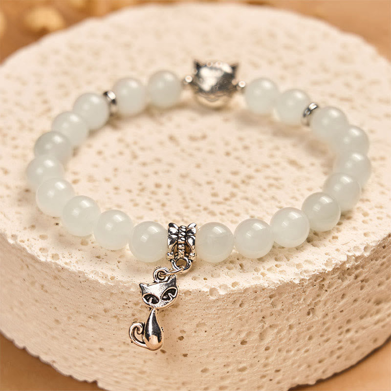 Pulsera de jade blanco con Buddha Stones y gato blanco para la suerte - image 3