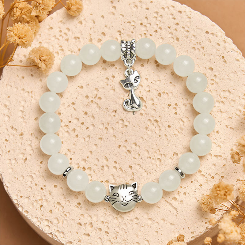 Pulsera de jade blanco con Buddha Stones y gato blanco para la suerte - image 2