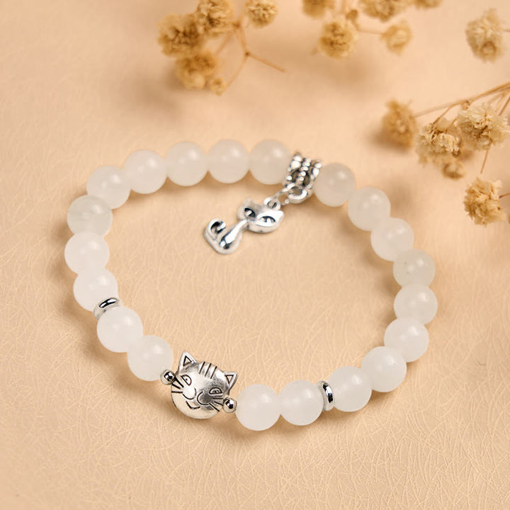 Pulsera de jade blanco con Buddha Stones y gato blanco para la suerte - image 4