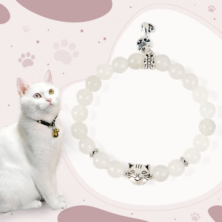 Pulsera de jade blanco con Buddha Stones y gato blanco para la suerte - Gato blanco (circunferencia de muñeca 15-16 cm) - image 1