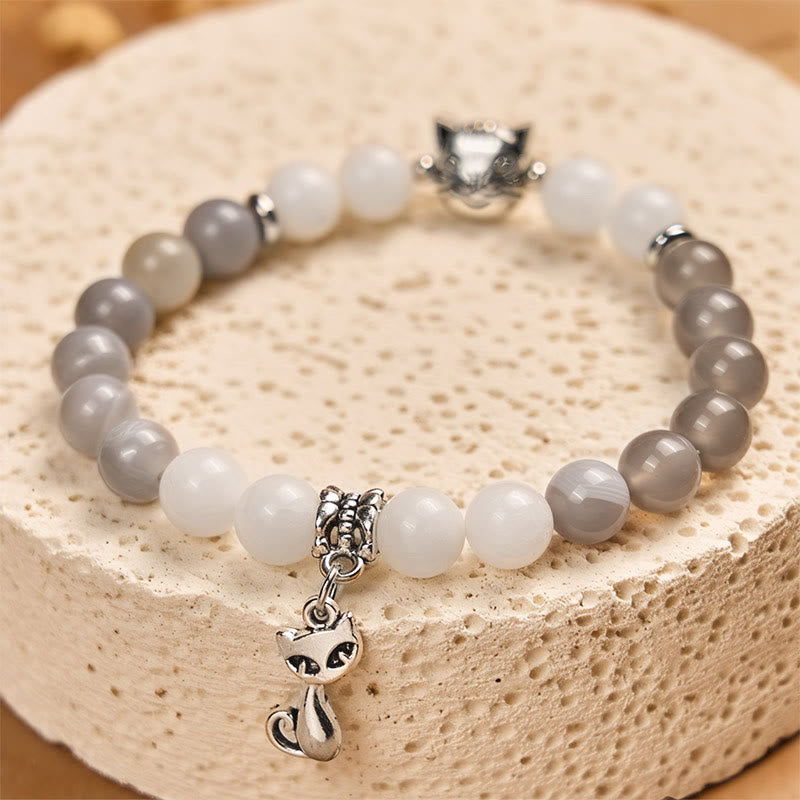 Pulsera de soporte de calcedonia y ágata rayada gris con diseño de gato de trapo de Buddha Stones - image 2