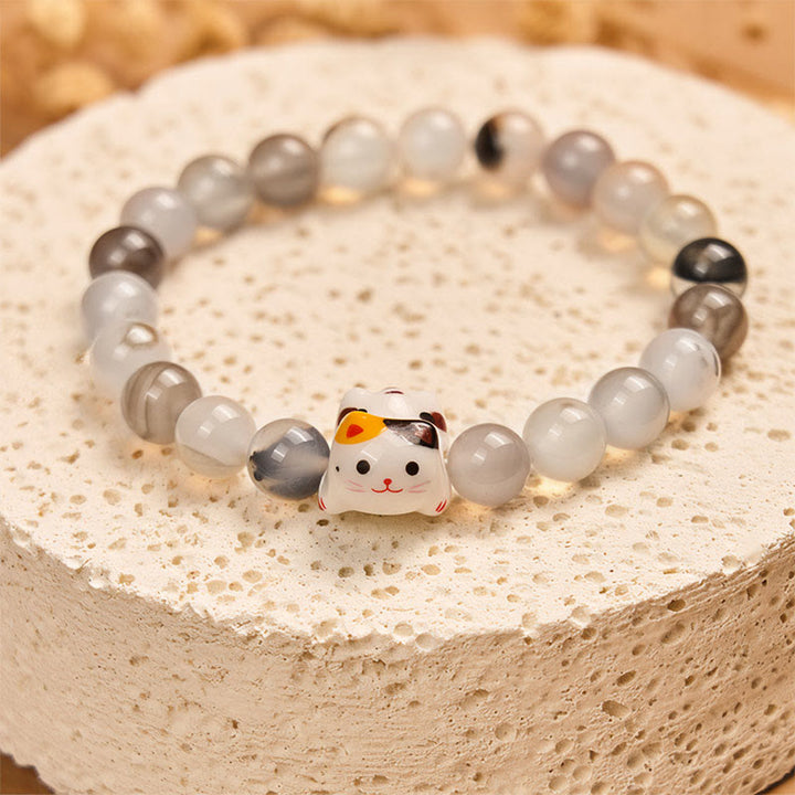 Pulsera de poder con cabeza de gatito de cerámica y piedra de ágata natural de Buddha Stones y gato calicó - image 2