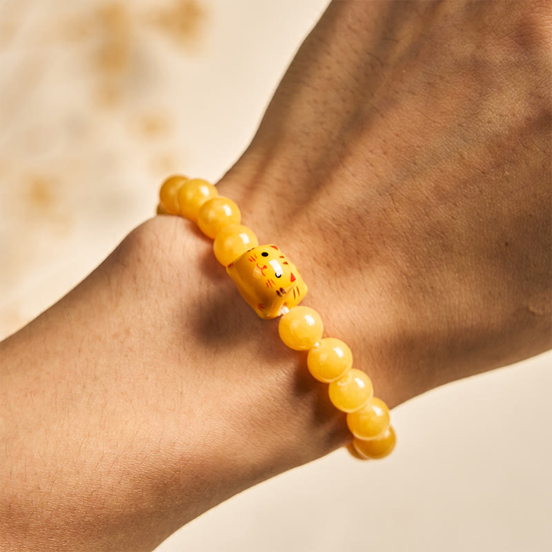 Pulsera de cerámica con diseño de gato atigrado naranja y calcedonia amarilla con Buddha Stones - image 4