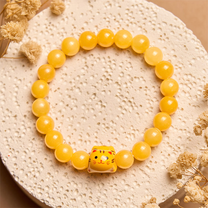 Pulsera de cerámica con diseño de gato atigrado naranja y calcedonia amarilla con Buddha Stones - image 2