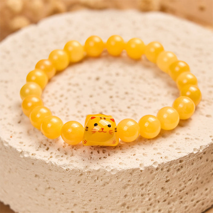 Pulsera de cerámica con diseño de gato atigrado naranja y calcedonia amarilla con Buddha Stones - image 3