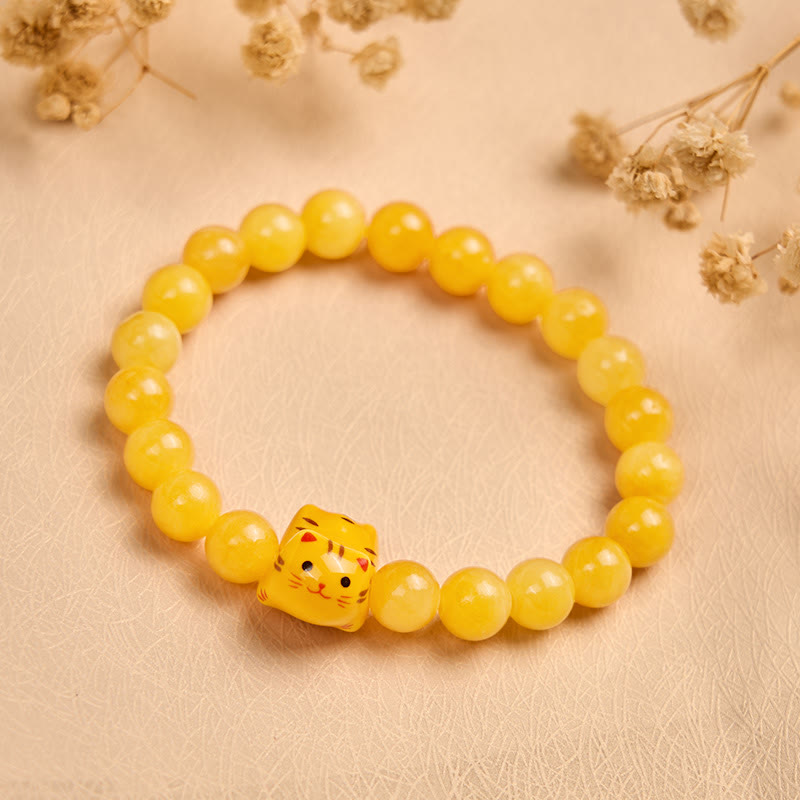 Pulsera de cerámica con diseño de gato atigrado naranja y calcedonia amarilla con Buddha Stones - image 1