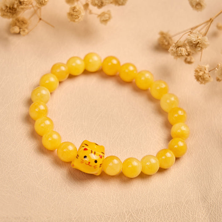 Pulsera de cerámica con diseño de gato atigrado naranja y calcedonia amarilla con Buddha Stones - image 1