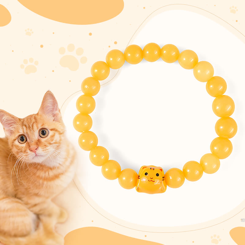 Pulsera de cerámica con diseño de gato atigrado naranja y calcedonia amarilla con Buddha Stones - Gato atigrado naranja (circunferencia de muñeca: 15-16 cm) - image 0