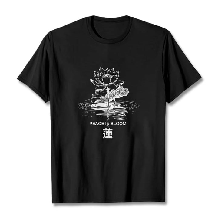 Camiseta de algodón con estampado de hojas de loto y flores de Buddha Stones - Negro - 2XL - image 1