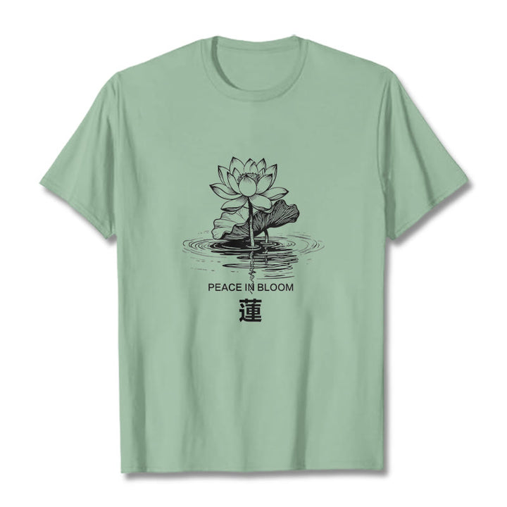 Camiseta de algodón con estampado de hojas de loto y flores de Buddha Stones - Verde pálido - 2XL - image 15