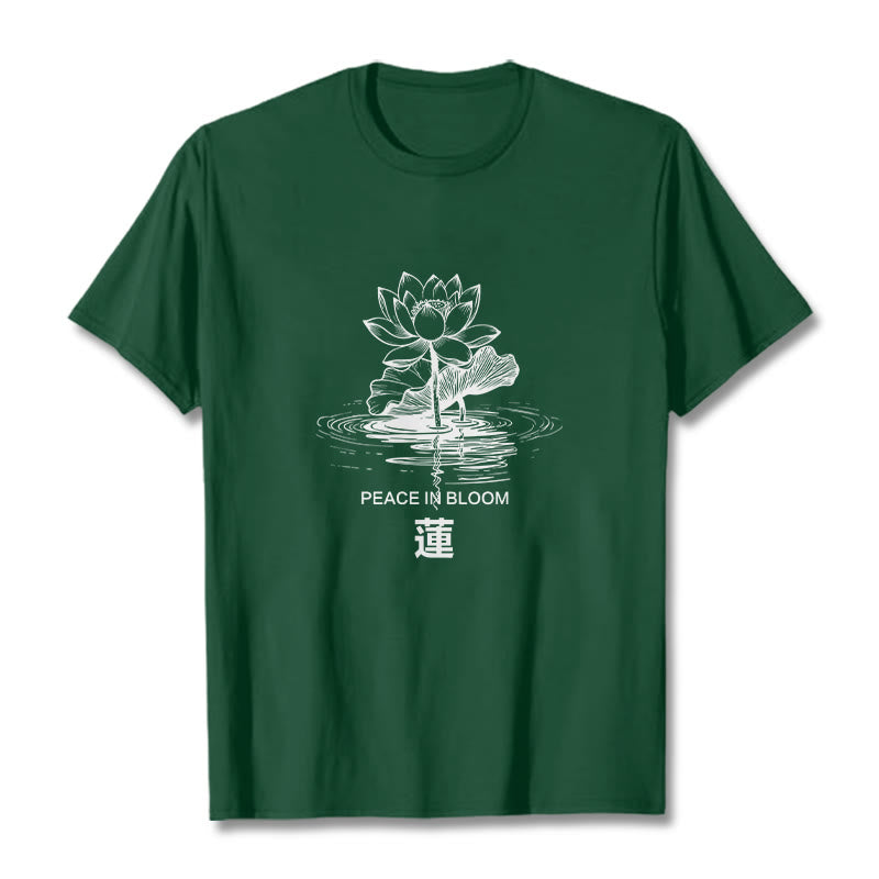 Camiseta de algodón con estampado de hojas de loto y flores de Buddha Stones - Verde bosque - 2XL - image 11