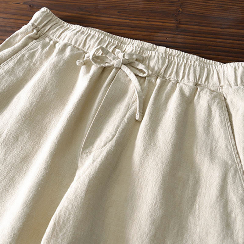 Pantalones casuales de lino y ramio con diseño simple de color liso y bolsillos para hombre con Buddha Stones - image 1