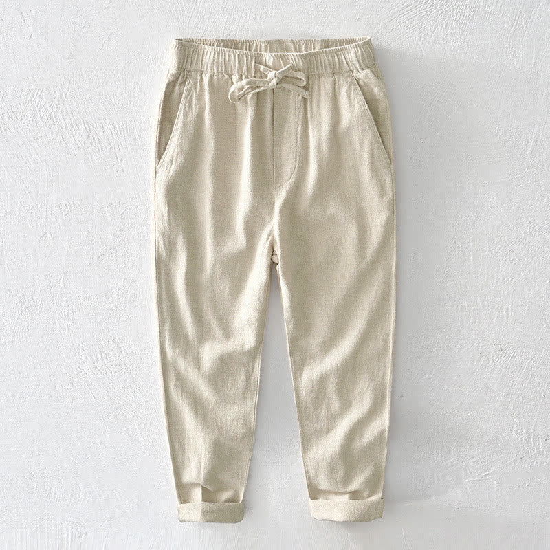 Pantalones casuales de lino y ramio con diseño simple de color liso y bolsillos para hombre con Buddha Stones - Amarillo dorado claro - US/UK/AU44, EU54 (4XL) - image 0