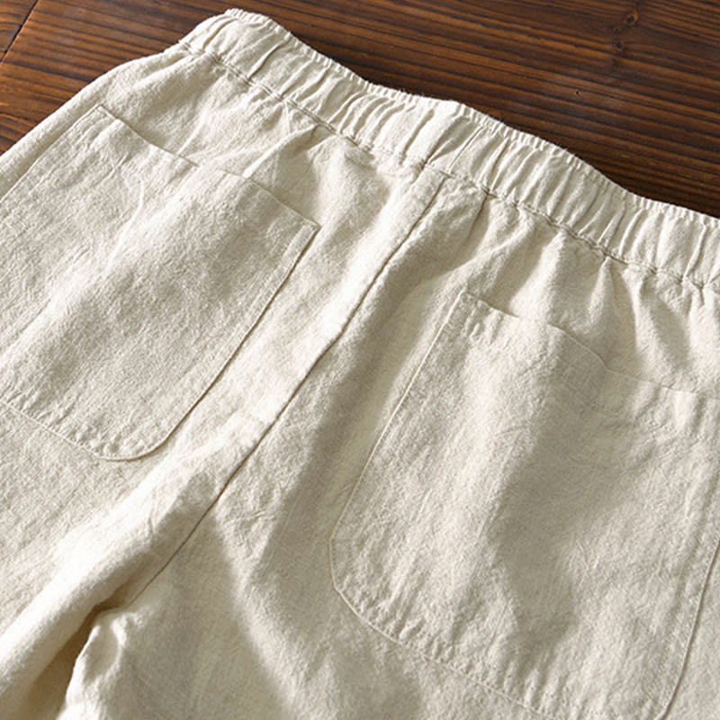 Pantalones casuales de lino y ramio con diseño simple de color liso y bolsillos para hombre con Buddha Stones - image 4