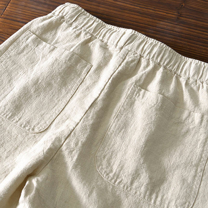 Pantalones casuales de lino y ramio con diseño simple de color liso y bolsillos para hombre con Buddha Stones - image 4