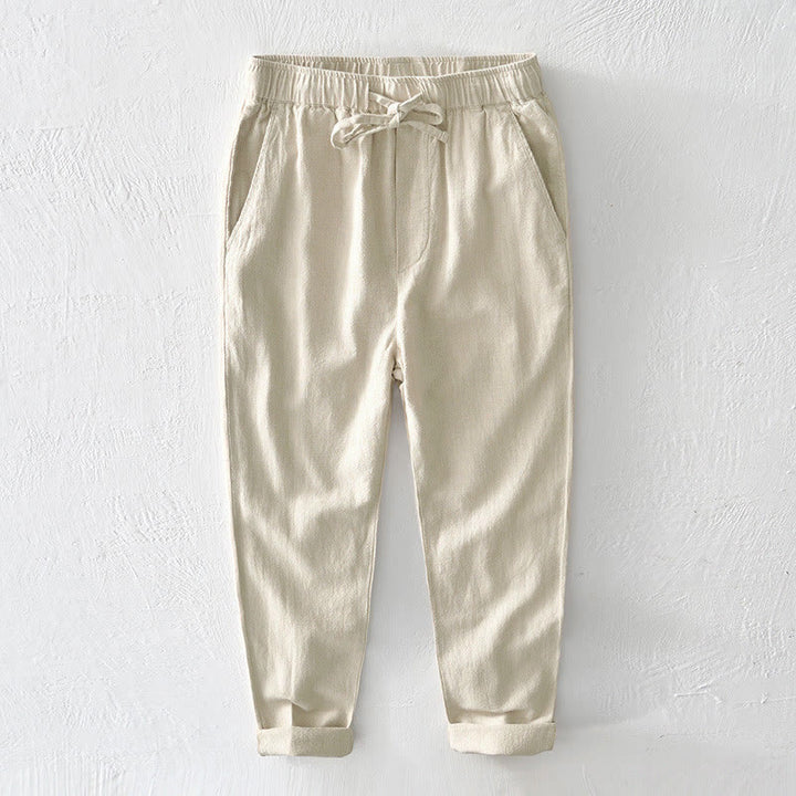 Pantalones casuales de lino y ramio con diseño simple de color liso y bolsillos para hombre con Buddha Stones - Amarillo dorado claro - US/UK/AU44, EU54 (4XL) - image 0