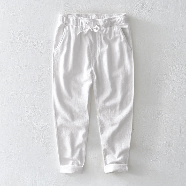 Pantalones casuales de lino y ramio con diseño simple de color liso y bolsillos para hombre con Buddha Stones - Blanco - US/UK/AU44, EU54 (4XL) - image 5