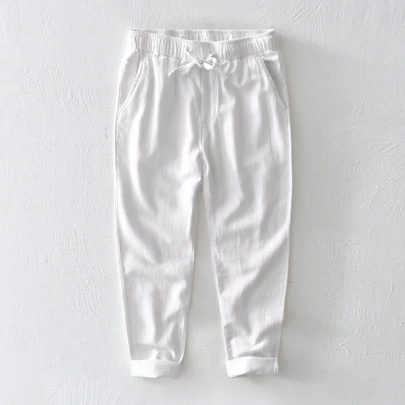 Pantalones casuales de lino y ramio con diseño simple de color liso y bolsillos para hombre con Buddha Stones - Blanco - US/UK/AU44, EU54 (4XL) - image 5