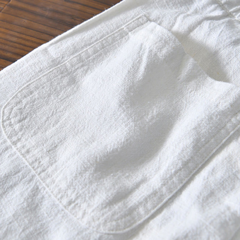 Pantalones casuales de lino y ramio con diseño simple de color liso y bolsillos para hombre con Buddha Stones - image 8