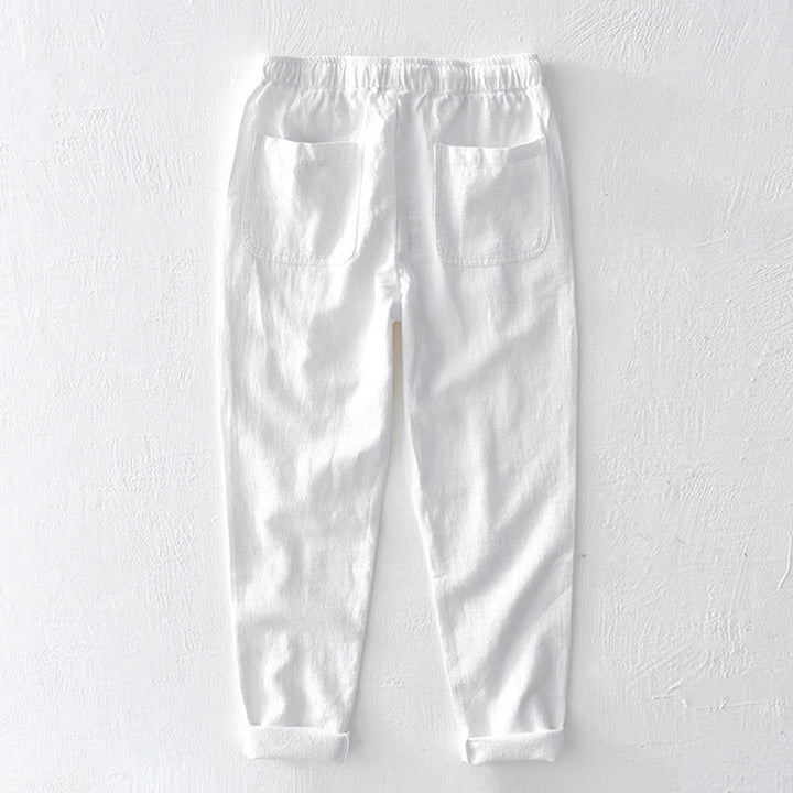 Pantalones casuales de lino y ramio con diseño simple de color liso y bolsillos para hombre con Buddha Stones - image 6